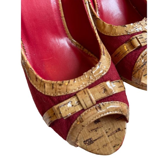 031 Charlotte Russo heels red suede cork bow peep toe 8 SB10 - Picture 2 of 5
